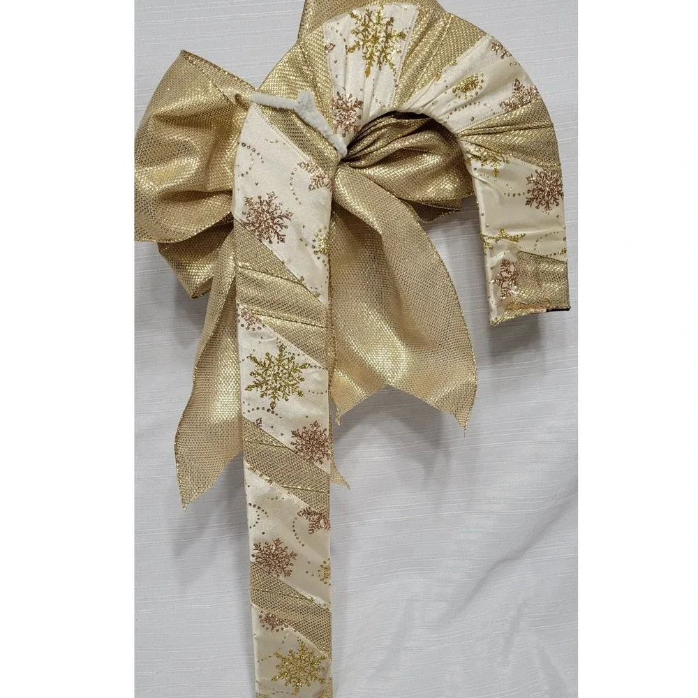 Gold Snowflake Candy Cane Christmas Door Hanger Metallic Mesh Bow Decor 22in